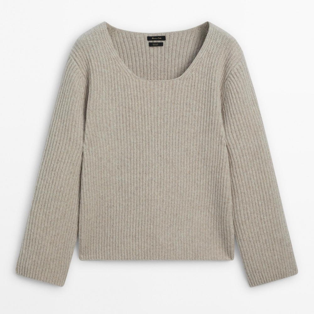 Massimo Dutti Ribbed Wool Boxy Square neck sweater Top Oatmeal Large